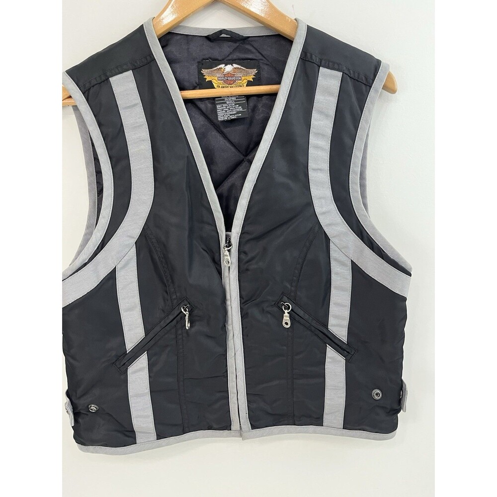 VTG Harley Davidson Vest Women's Small Black Full Zip Nylon Racing Lined Quilt